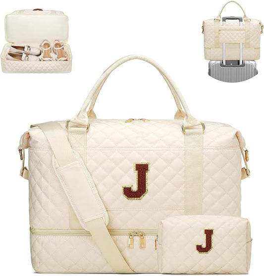 Gift for Women Initial Travel Duffle Bag Quilted Weekender Bags Carry-On Overnight with Cosmetic Bag, Gym Bag with Shoe Compartment Hospital Bag for Women Labor Delivery, Beige-J by Unknown