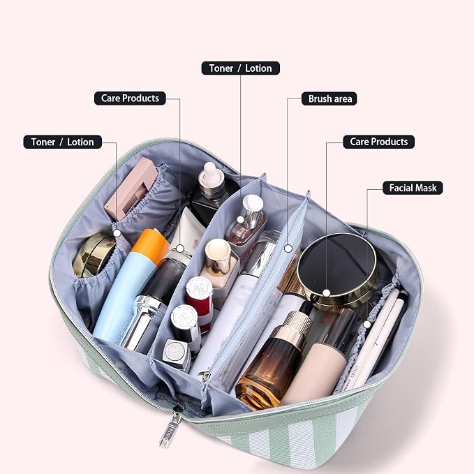 BOYATU Travel Makeup Bag Cosmetic Bag for Women: 3 Pcs Set Striped Make up Bag with Compartments - Waterproof Vegan Leather Toiletry Bag with Handle - Makeup Organizer for Travel Essentials(A-2-Green) - Image 5
