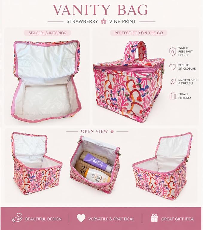 Jacaranda Living Vanity Bag - Water-Resistant, PVC-Lined - Strawberry Vine - Image 5