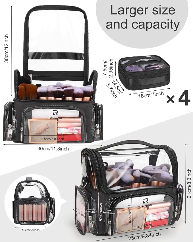NAONAYA Makeup Brush Bag With 4 Mini Pouches, Makeup Brush Holder Professional Makeup Artist Travel Case Clear Waterproof Cosmetic Organizer Bag, with Adjustable Strap and Dividers - Image 8