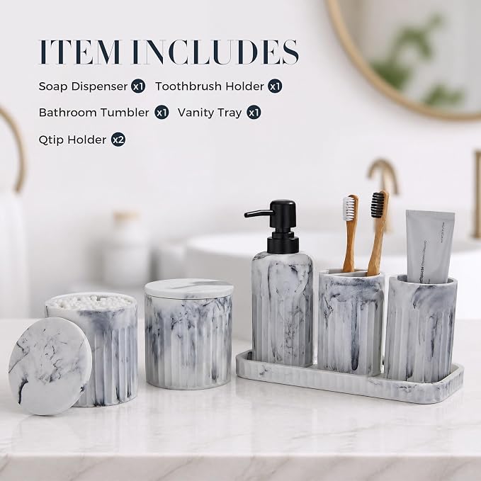 INIUNIK Bathroom Accessory Set, 6 Pieces, Marble White | Resin, Bathroom Accessories Set, with Soap Dispenser Set, Toothbrush Holders, Tumbler, Vanity Tray & 2 Qtip Holder - Image 5