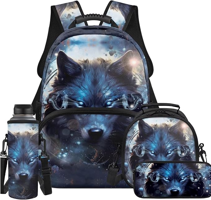 Vigilant Wolf 4pcs School Bag Set School Backpack for Kids 8-12 Boys and Lunch Bag Box Bookbag with Insulated Thermal Cooler Lunch Box Pencil Case Water Bottle Sleeve Elementary by Unknown