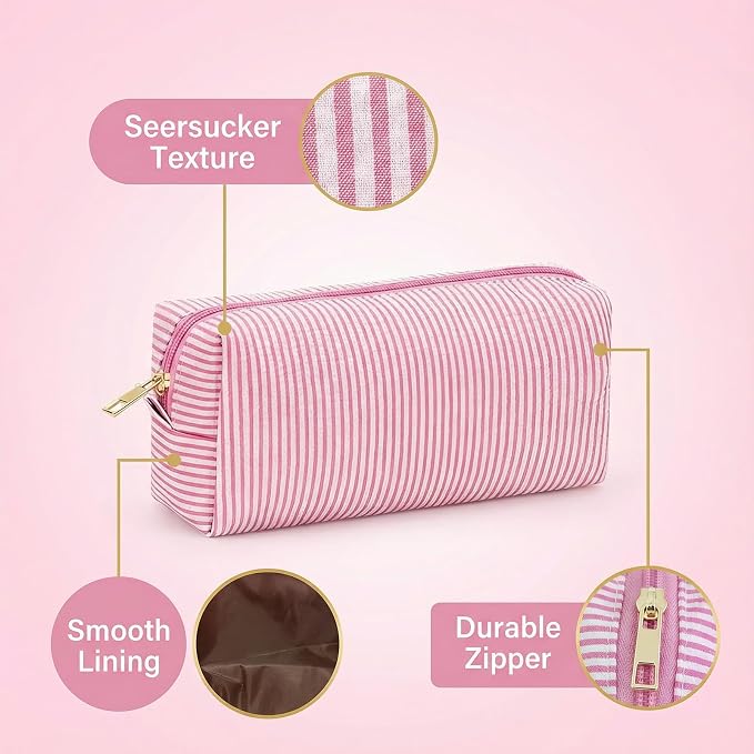 12 PACK Makeup Bags-Bulk Seersucker Cosmetic Bag for Women Bridesmaid Gifts Makeup Pouch for Wedding Party Favors Bachelorette Party Decorations Travel Toiletry Organizer Graduation Gifts(12, Pink) - Image 3
