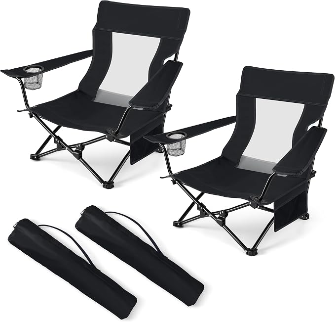 HaSteeL Folding Beach Chair Set of 2, Foldable Black Camping Chairs for Outside, Low Beach Chair Portable for Adults Fishing, Picnic, Outdoor BBQ, Travel, Sports, Cup Holder & Storage Bag by HaSteeL