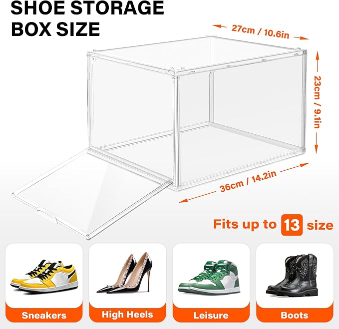 2 Pack Deep Clear PET Sneaker Boxes for Sneakers & High Tops,Fit Size 13 | 10.6 x 14.2 x 9.1 in deep narrow-front boxes for sneakers, athletic shoes and many high-top styles. Space saving storage - Image 3