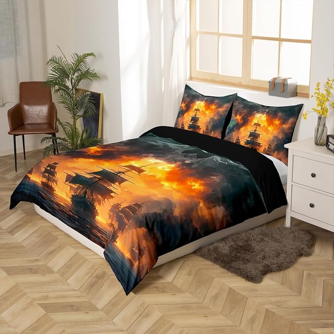 Erosebridal Pirate Comforter Set King Sailboat Duvet Cover Nautical Ocean Theme Boys Teen Bedding Comforter Cover Cool Style Adult Bedding Set Wave Pattern Printed Decor Bedspread for Men Women - Image 6