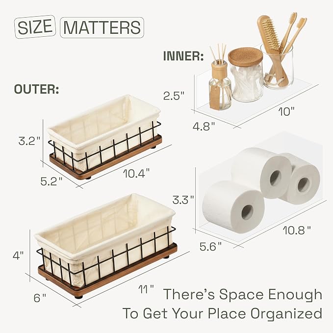 BAOBAB WORKSHOP Wooden Bathroom Basket Organizer & Storage, Toilet Paper Basket for Back of Toilet Tank Topper Tray, Paper Holder Basket for Bathroom Decor Box with Liners, Solid Wood & Wire, Set of 2 - Image 4
