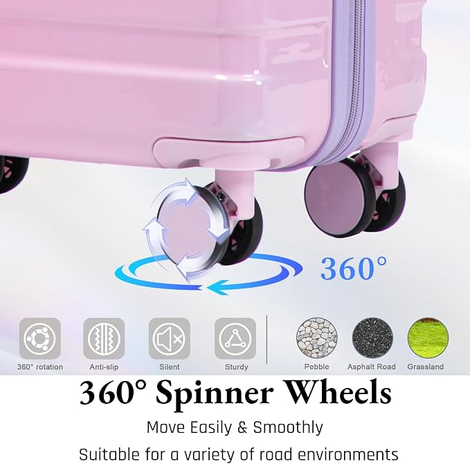 3-Piece Luggage Set 20/24/28’’ Hard-shell with 360° Spinner Wheels, Gradient Color Suitcase with Combination Lock, Lightweight PC Material, (Pink + Purple) - Image 3