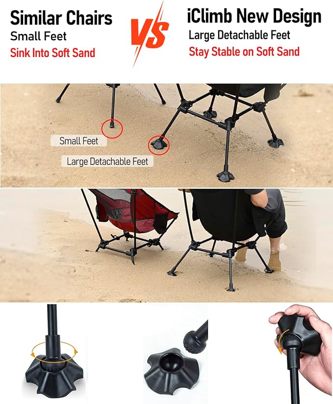 iClimb Ultralight Compact Camping Folding Beach Chair with Anti-Sinking Large Feet and Back Support Webbing (Black - Square Frame - 2PC) - Image 4
