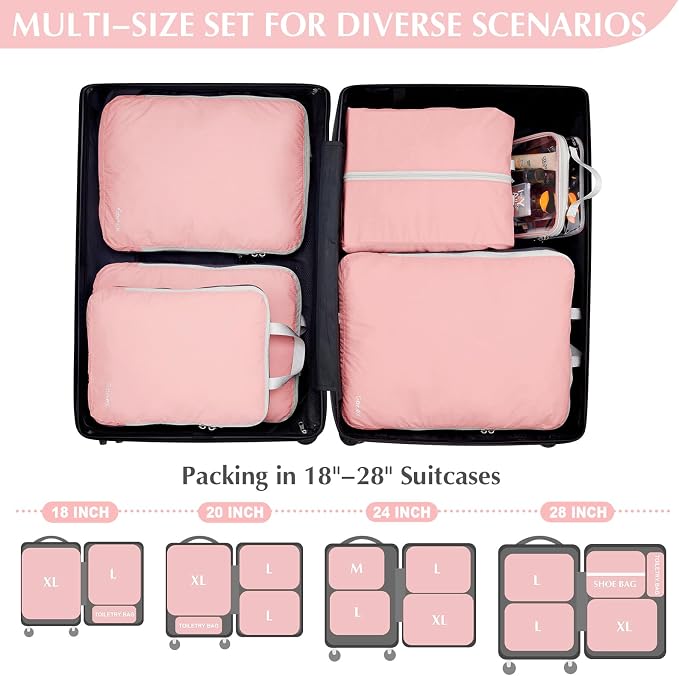 Gonex Compression Packing Cubes, 6pcs Expandable Storage Travel Luggage Bags Organizers with Shoe Bag, Clear Toiletry Bag (Pink) - Image 6