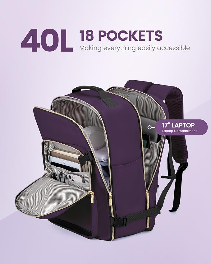 LOVEVOOK 40L Travel Backpack Flight Approved Carry on Backpack,3 Packing Cubes,Waterproof Personal Item Travel Bag,TSA Carry on Luggage Suitcase Travel Essentials,Gifts for Women & Men,fits 17" Laptop - Image 3