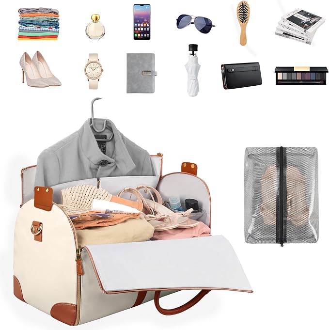 Ytonet Garment Bags for Travel, Convertible Carry on Garment Bag Large Duffle Bags for Women, 2 in 1 Hanging Suitcase Suit Water Resistant Duffel Travel Bags with Shoe Pouch, Beige - Image 2