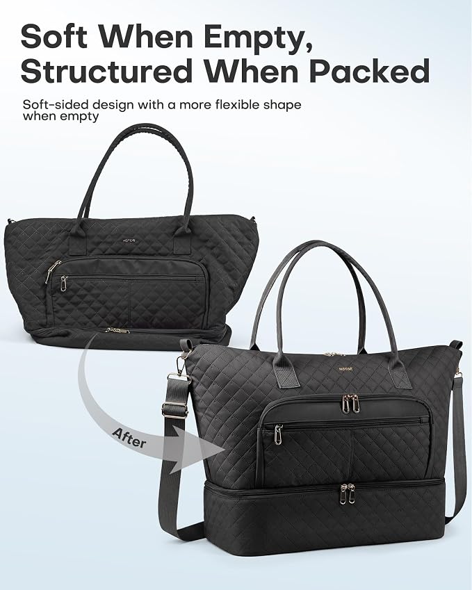 HOTOR Travel Duffle Bag for Women - Carry on Bag with Toiletry Pouch & Shoe Compartment, Large Overnight Weekender Bags for Gym, Business Trips, Sports and Hospital, Black, 17.3" x 7.9" x 13.4" - Image 4