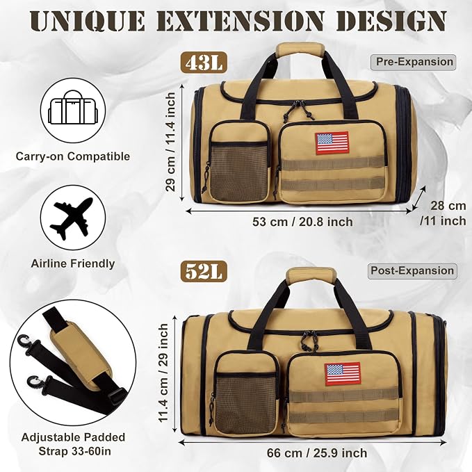 Tactical Duffle Bag For Travel Expandable 52L Large Duffle Bag For Men Gym Duffel With Wet Pocket Multi-Functional Carry On Bags Weekender Overnight Bag Organizer Duffel Bag For Travel - Image 4