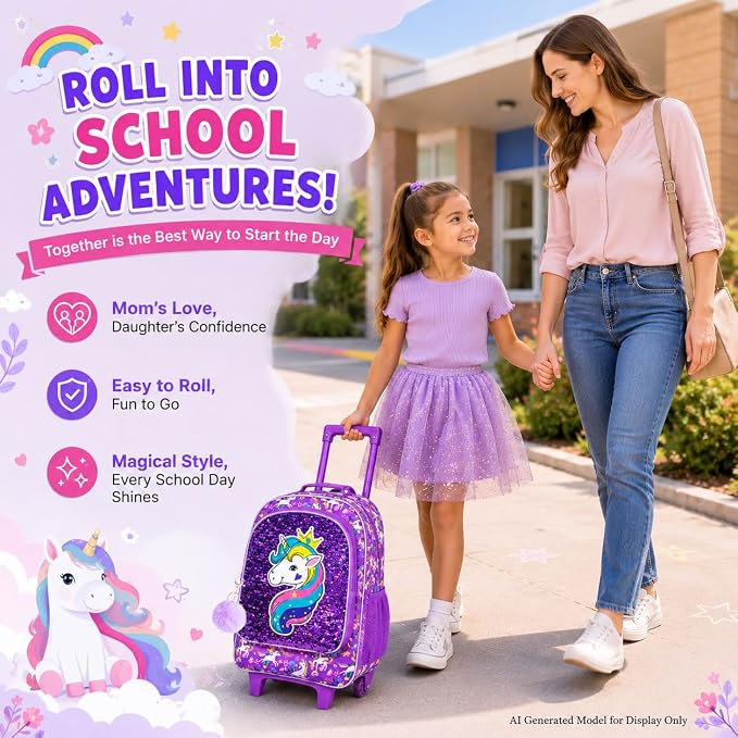 AGSDON 3PCS Rolling Backpack for Girls Boys, Kids Roller Wheels Bookbag, Wheeled School Bag with Lunch Bag - Image 7