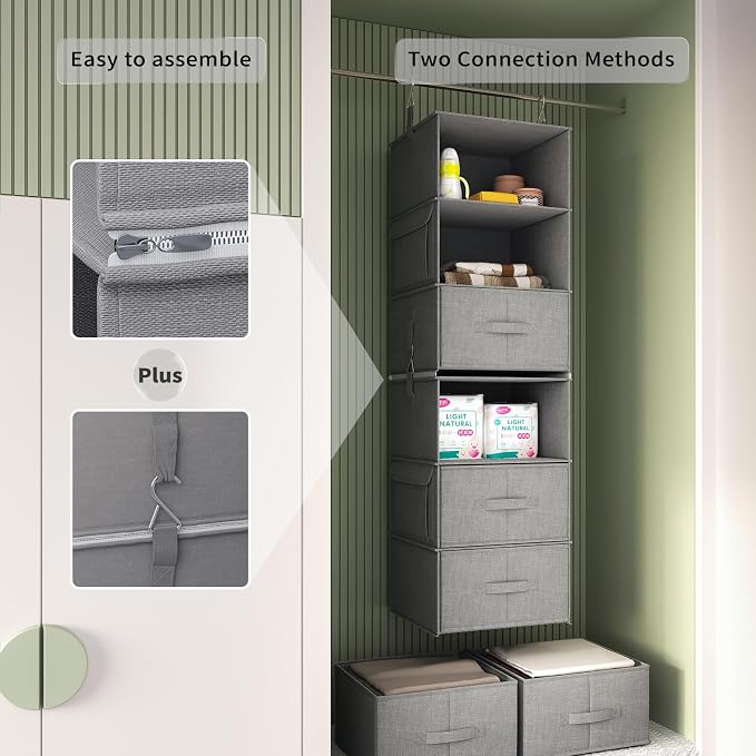 Vailando 6-Tier Hanging Shelves for Closet, Two 3-Shelf Hanging Closet Organizer w/ 4 Side Pockets and 3 Drawers, Combinable for Dorm Wardrobe Organizer and RV Storage and Organization - Image 5