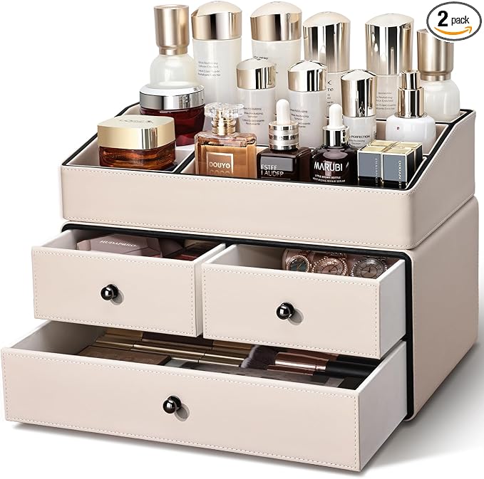 KINGFOM Leather Makeup Organizer with 3 Drawers, 2 Tier Cosmetic Storage Organizer for vanity Dresser Countertop and Bathroom Vanity, Beauty Holder for Lipstick Brush Skincare (Beige) by KingfomLeatherHomeOfficeDecor