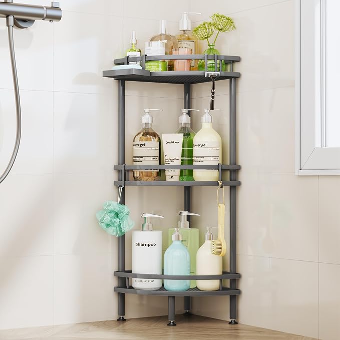 HapiRm Standing Corner Shower Caddy - 3 Tier Shower Organizer Corner with Soap Holder and 4 Hooks, Rustproof Bathroom Storage Shelves with Adhesives, Grey by HapiRm