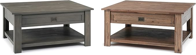 SIMPLIHOME Monroe Square Coffee Table - 38 inch Wide Solid Acacia Wood Living Room Table in Farmhouse Grey, Rustic Cocktail Table for Family Room or Lounge with 2 Drawers and Open Shelf