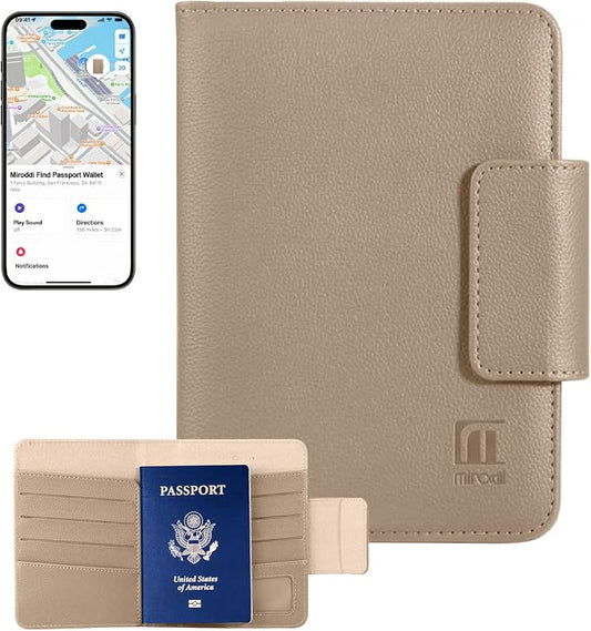 Miroddi Passport Holder for Travel, Works with Find My, Leather Passport Wallet for Travel Essentials, Passport Cover Case for Men and Women with Finder Tracker, 8 Card Slots, RFID Blocking, Khaki by miroddi