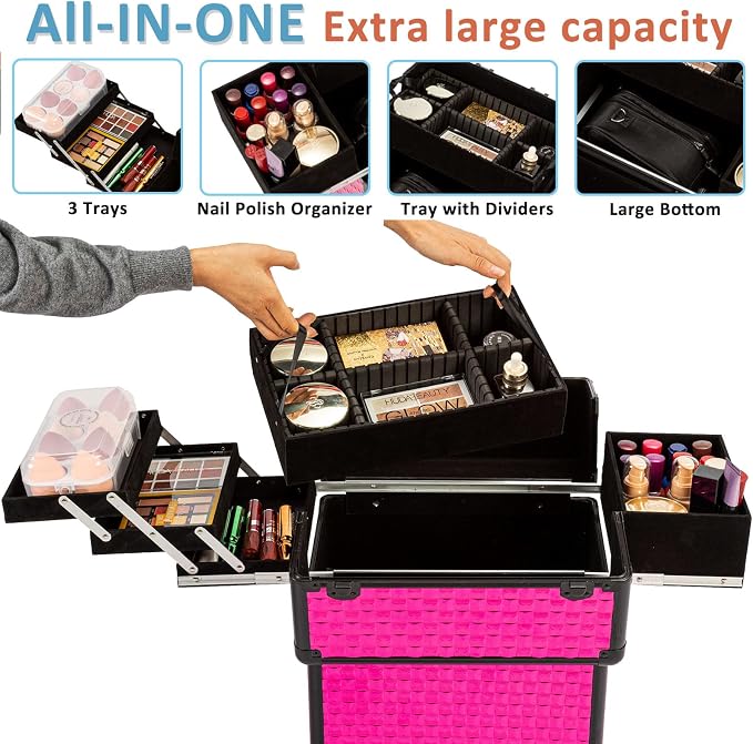 Arous Rolling Train Makeup Case Cosmetology Case on Wheels, Rose Red | Cosmetic Travel Trolley 4 Tray with Sliding Rail Removable Middle Layer with Key Salon Barber Case Traveling Cart Trunk - Image 3