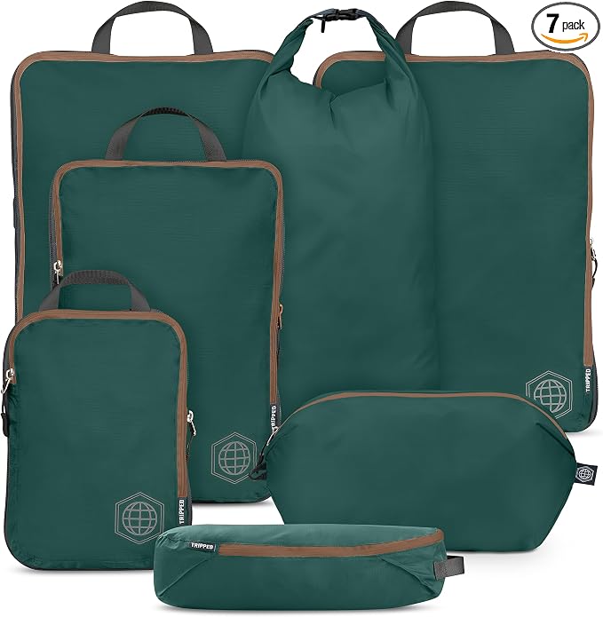 Large Compression Packing Cubes for Travel-Packing Cube Luggage Organizers 7 Piece Set for Checked Luggage-Ultralight, Expandable/Compression Bags by TRIPPED Travel Gear (Green and Brown) by TRIPPEDTravelGear