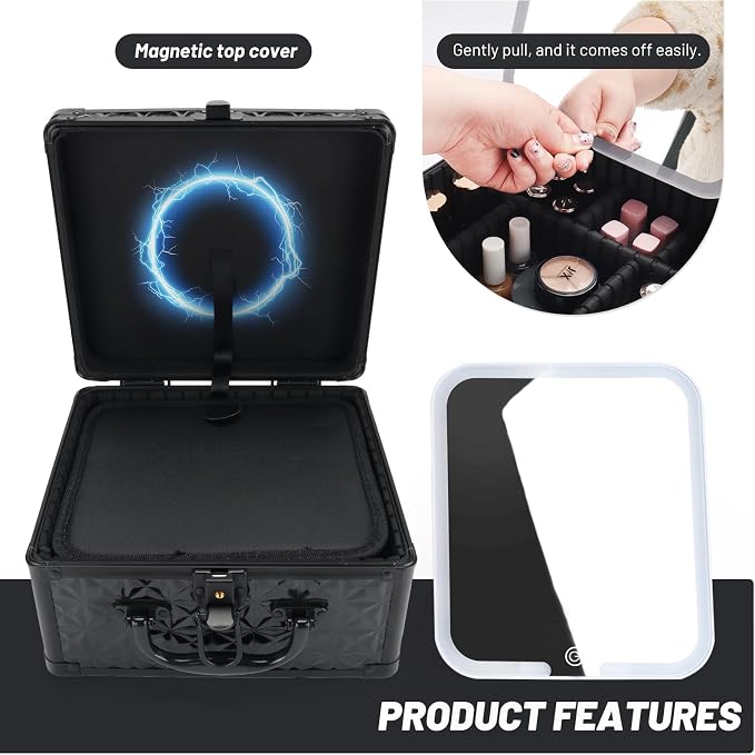 Makeup Case with LED Mirror, Portable Lockable Vanity Case, Travel Makeup Train Box for Women, Cosmetic Organizer, Detachable 3-Color Lighted Mirror, Adjustable Dividers, Brush Holder - Image 5