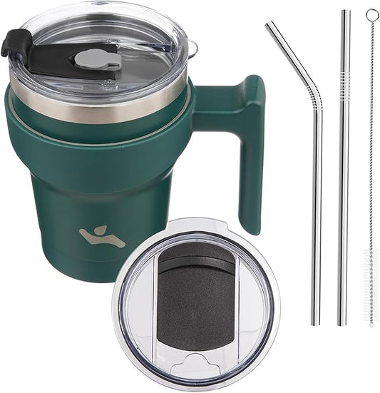 10 oz Tumbler with Handle and 2 Straw 2 Lid, Insulated Water Bottle Stainless Steel Vacuum Cup Reusable Travel Mug,Army Green