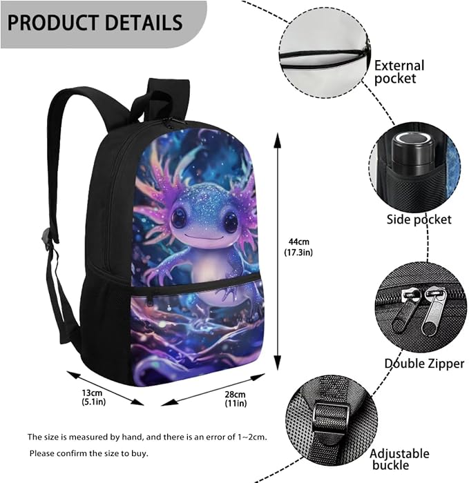 Axolotl Backpack for Girls 8-10 6-8 Children's Back to School Bag with Lunch Box and Pencil Case and Water Bottle Holder 4Pc Travel/Camping Rucksack 17'' School Bookbag Set - Image 3