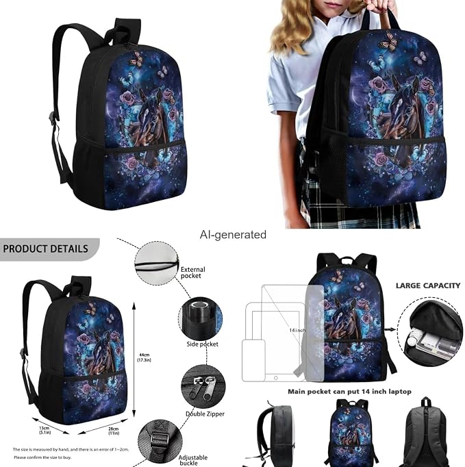 Galaxy Horse Backpack for Girls Kids Backpack with Lunch Box Water Bottle Holder and Soft Pencil Case 4PCS Set Bookbag with Front Pocket for School Teens 17" Sturdy School Bag with Side Pocket - Image 3