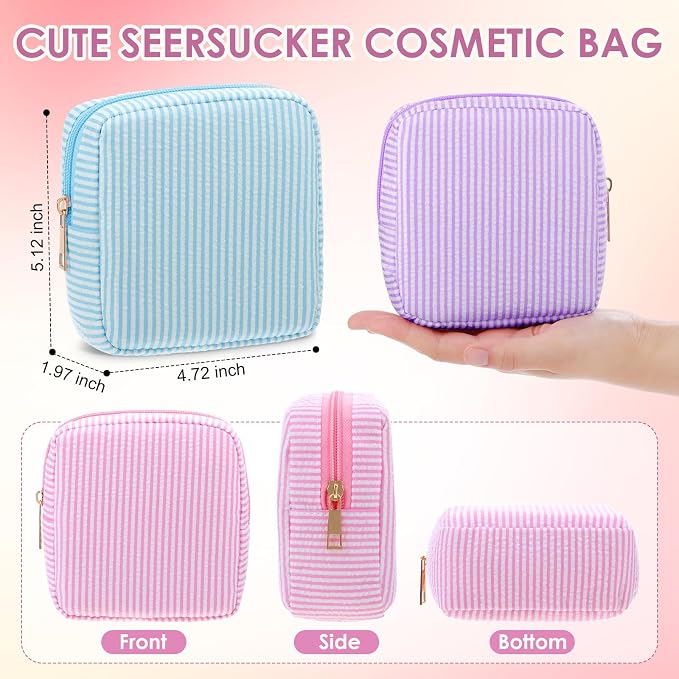 Sanwuta Seersucker Cosmetic Bag Bulk Striped Makeup Bag for Women Aesthetic Cute Travel Toiletry Organizer Preppy Storage Pouch for Wedding Bridesmaid Mother's Day Teacher Gift(Small,Macaron Color,6) - Image 3