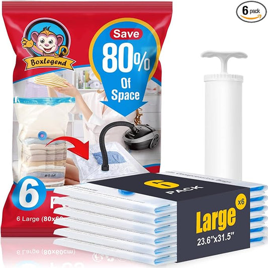 BoxLegend Vacuum Storage Bags with Hand Pump 6 Large 23.6’’x31.5’’ Thickened Vacuum Seal Bags for Clothing Coat Bedding Quilt Blanket Pillow Comforters by BoxLegend