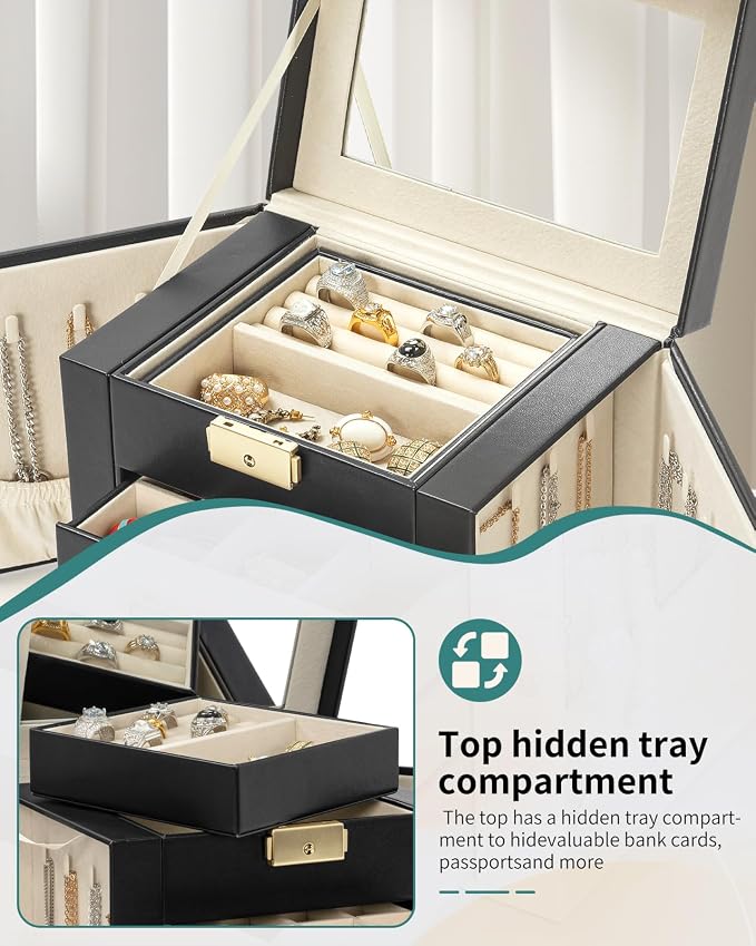 AKOZLIN 4-Tier Jewelry Box Leather Jewelry Storage Organizer with 3 Drawers Lockable for Women Girls Ring Necklace Earring Bracelet Holder with Mirror Black - Image 4