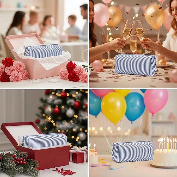 12 PACK Makeup Bags-Bulk Seersucker Cosmetic Bag for Women Bridesmaid Gifts Makeup Pouch for Wedding Party Favors Bachelorette Party Decorations Travel Toiletry Organizer Graduation Gifts(12, Blue) - Image 7