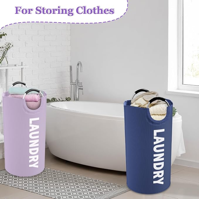 Set of 2 Large Laundry Baskets for Adult, 95L Collapsible Laundry Baskets with Aluminum Handles, Portable Dirty Clothes Hampers for Bedroom, Travel, Purple + Navy Blue - Image 5
