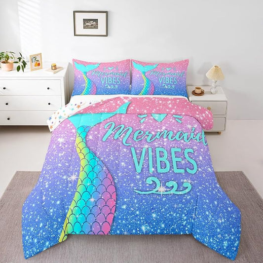 Girls Mermaid Tail Comforter Set Queen Kawaii Coastal Fish Scales Bedding Set Glitter Star Galaxy Comforter Blue Pink Pastel Ombre Set Princess Bed Set Ocean Animal Quilt Duvet 2 Pillowcases Teal by Erosebridal