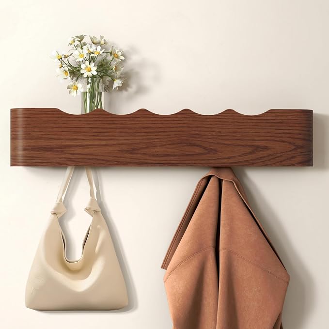 Wall Mounted Coat Rack with Shelf, Wooden Entryway Organizer with Hidden Metal Hooks for Hanging Coats Bags Keys, Modern Floating Shelf for Hallway Bathroom by VERASCOT