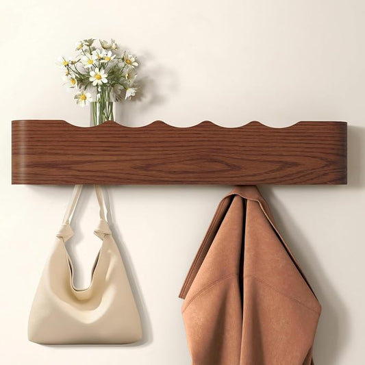 Wall Mounted Coat Rack with Shelf, Wooden Entryway Organizer with Hidden Metal Hooks for Hanging Coats Bags Keys, Modern Floating Shelf for Hallway Bathroom by VERASCOT