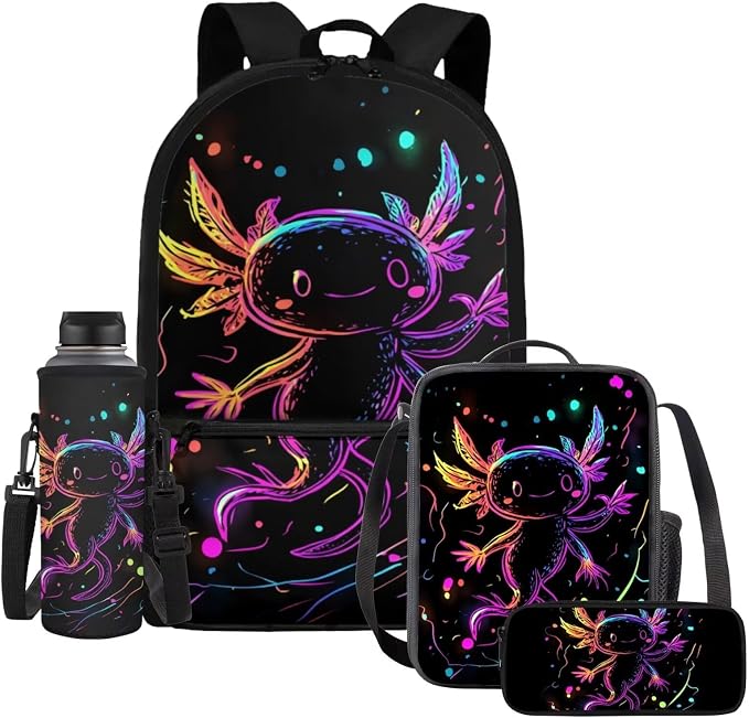 Axolotl Backpack for Boys 6-8 with Lunchbox Water Bottle Holder Pencil Case Graphic School Backpack and Lunch Box Set 17 Inch Bookbag for 3rd Grade Lunchbag, 4 Piece by Dremagia