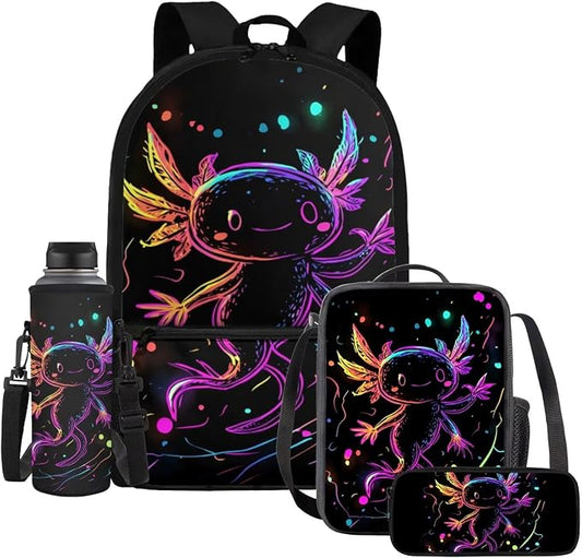 Axolotl Backpack for Boys 6-8 with Lunchbox Water Bottle Holder Pencil Case Graphic School Backpack and Lunch Box Set 17 Inch Bookbag for 3rd Grade Lunchbag, 4 Piece by Dremagia