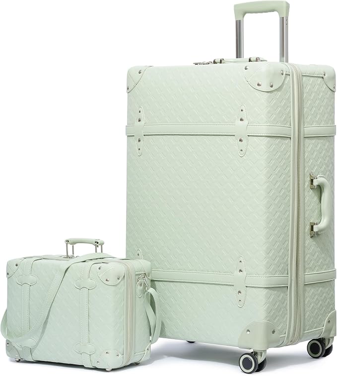 NZBZ Vintage Luggage Sets for Women, Retro PU Leather Suitcase with Spinner Wheels & TSA Lock, Cute Expandable Carry On Luggage Set of 2 (Green, 14" & 28") by NZBZ