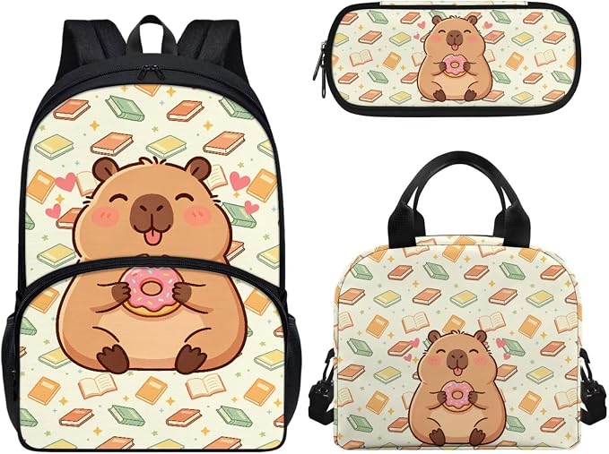 3Pcs Backpack Sets, Kids Capybara Book Bookbag Primary School Daypack Elementary Students Knapsack with Insulated Lunch Box Pencil Case for Teens Girls by CndexdWearfunPrintjoy