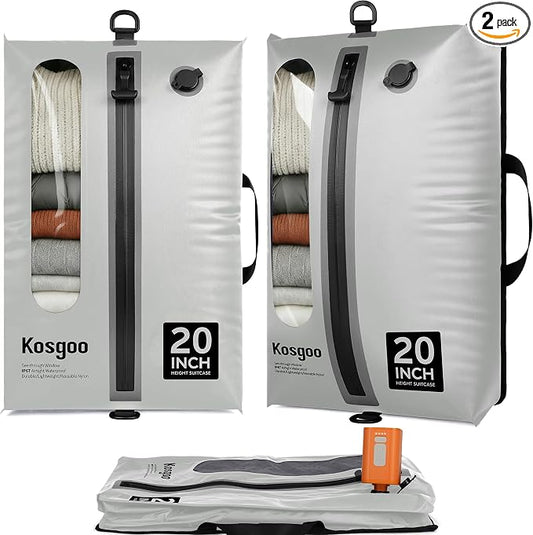 Vacuum Seal Bags for Travel with Pump, Light Grey, 20+20 | Reusable Nylon, Compression Packing Cubes, Space Saving for Carry-On Suitcase & Backpack, Odor & Waterproof, 2 Pcs by KOSGOO