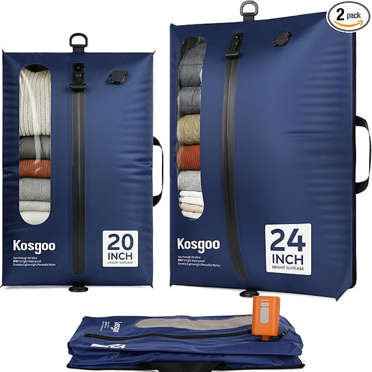 Vacuum Seal Bags for Travel with Pump, Navy, 20+24 | Reusable Nylon, Compression Packing Cubes, Space Saving for Carry-On Checked Suitcase & Backpack, Odor & Waterproof, 2 Pcs by KOSGOO