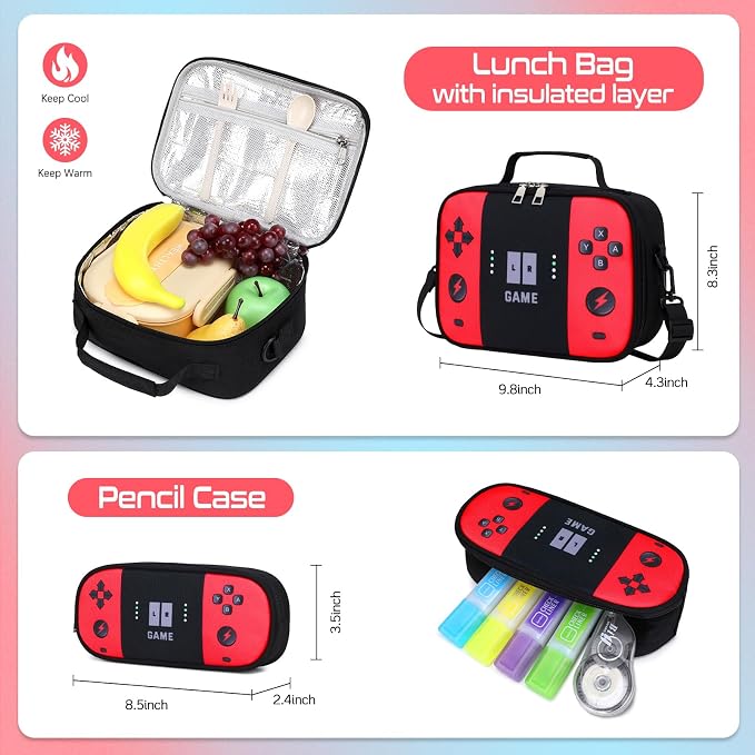 Jafeton Gamer Backpack for Boys, 3PCS Boys Backpack with Lunch Box & Pencil Pouch, Waterproof School Bags for Boy Kids Children Teens, Elementary Middle School, Kids Book Bag Casual Daypack (Red) - Image 6