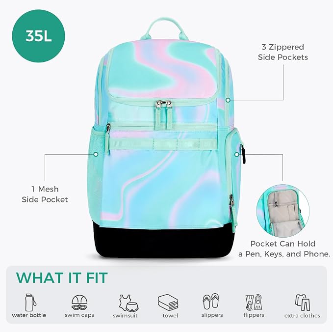 Choco Mocha Swim Bag for Kids Swim Bag for Swimmers, 35L Waterproof Swims Backpack with Wet Dry Compartments, Organized Pool & Beach Bags(Sapphire) - Image 4