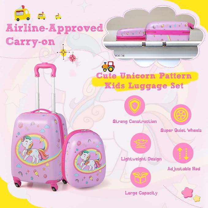 HONEY JOY Kids Luggage, 12" Toddler Backpack & 16" Travel Suitcase with Wheels, Lightweight Toddler Girls Suitcase, Durable ABS Hardshell, 2Pcs Carry On Luggage Set for Boys Girls(Pink Horse) - Image 4