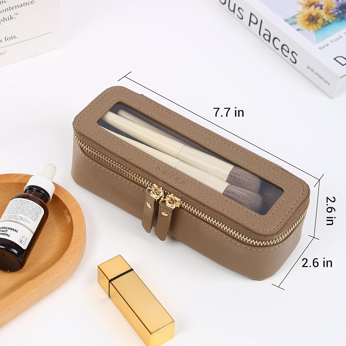 Aveniee Clear Makeup Brush Bag, Slim Cosmetic Brush Holder, Small Travel Toiletry Bag for Women, Thin Make up Bags with Dual Zipper, Mini Travel Essentials Organizer - Taupe - Image 4