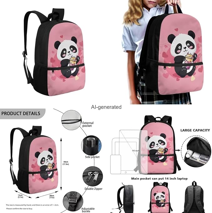 Cute Panda Backpacks for Teen Girls Middle School Lightweight School Messenger Bag for Teens Keep Warm Lunch Bag with Pencil Case and Water Cup Protector for Travel Picnic - Image 3