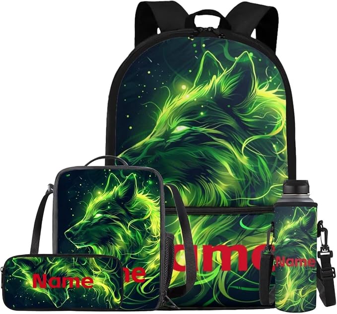 Galaxy Wolf Customized Backpack for Girls Boys Backpack with Lunch Box Water Bottle Carrier and Pencil Pouch 4PCS Set Bookbag with Front Pocket for School 17 inch Sturdy School Bag for Kids by ELEDIZI